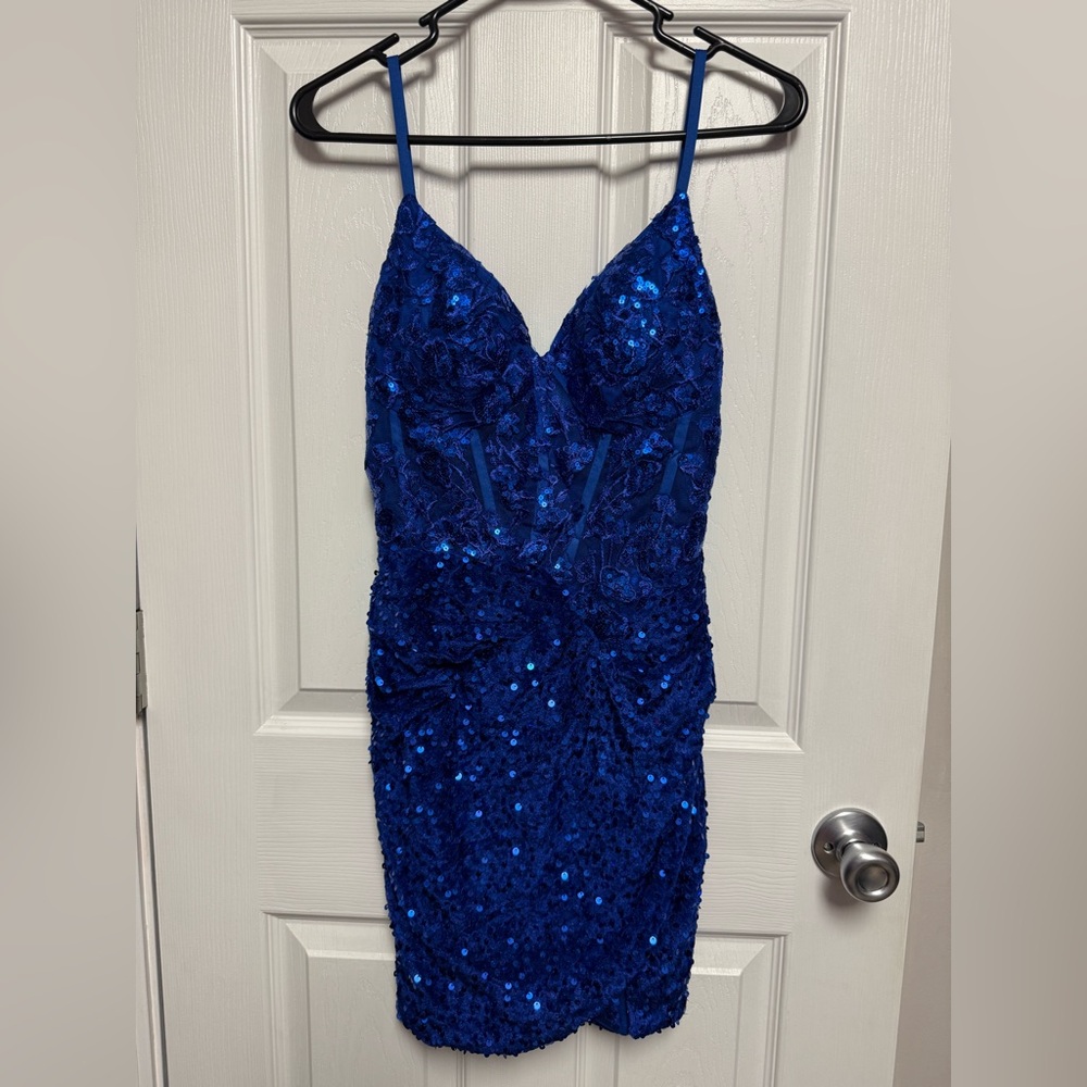 Blue Sequin Ruched Spaghetti Strap Mini Dress